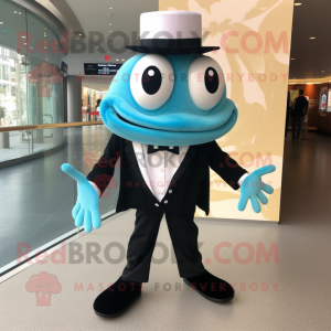 Cyan Crab Cakes mascot costume character dressed with a Tuxedo and Shoe laces