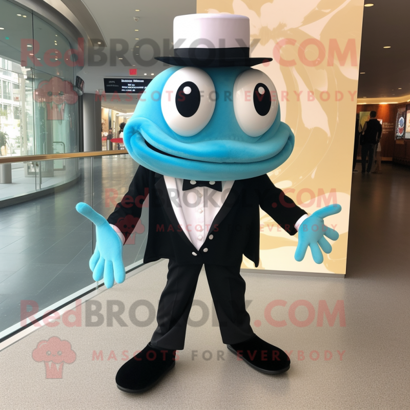 Cyan Crab Cakes mascot costume character dressed with a Tuxedo and Shoe laces Cyan Crab Cakes mascot costume character dressed with a Tuxedo and Shoe laces