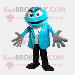 Cyan Crab Cakes mascot costume character dressed with a Tuxedo and Shoe laces