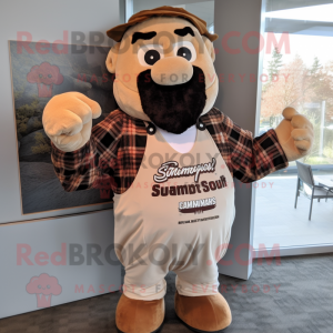 Brown Strongman mascot costume character dressed with a Flannel Shirt and Headbands