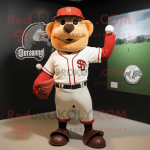 Red Guinness mascot costume character dressed with a Baseball Tee and Shoe clips