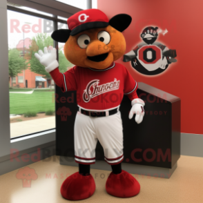 Red Guinness mascot costume character dressed with a Baseball Tee and Shoe clips