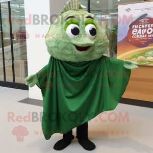 Forest Green Fish And Chips mascot costume character dressed with a Dress Shirt and Shawls