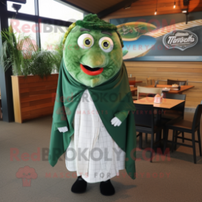 Forest Green Fish And Chips mascot costume character dressed with a Dress Shirt and Shawls