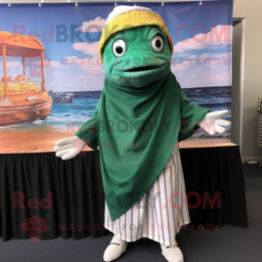 Forest Green Fish And Chips mascot costume character dressed with a Dress Shirt and Shawls