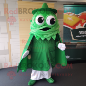 Forest Green Fish And Chips mascot costume character dressed with a Dress Shirt and Shawls