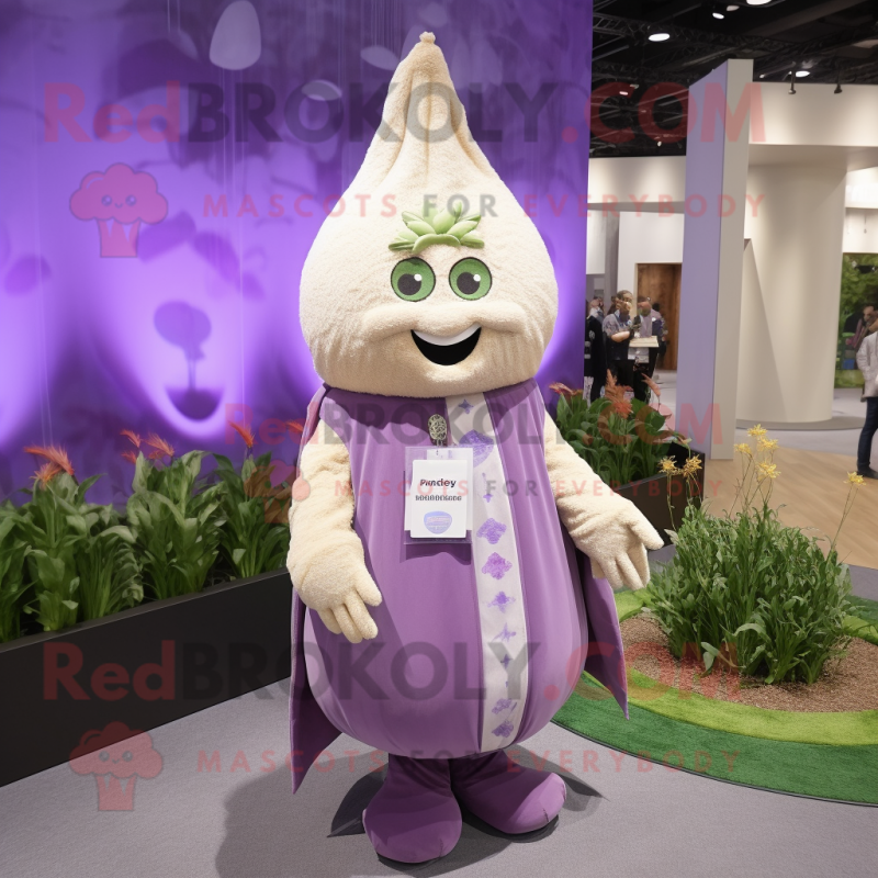 Lavender Onion mascot costume character dressed with a Cover-up and Necklaces