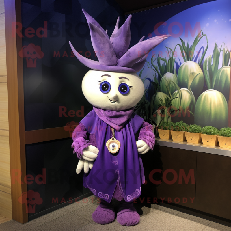 Lavender Onion mascot costume character dressed with a Cover-up and Necklaces