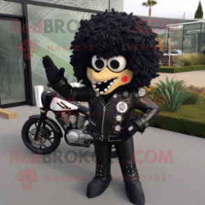Black Pizza Slice mascot costume character dressed with a Biker Jacket and Brooches