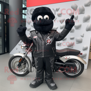 Black Pizza Slice mascot costume character dressed with a Biker Jacket and Brooches