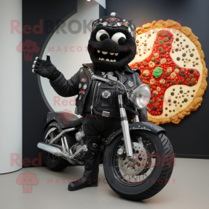 Black Pizza Slice mascot costume character dressed with a Biker Jacket and Brooches