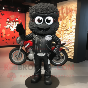 Black Pizza Slice mascot costume character dressed with a Biker Jacket and Brooches