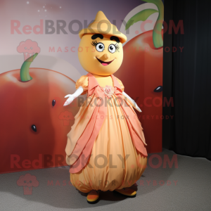 Peach Squash mascot costume character dressed with a Maxi Dress and Belts