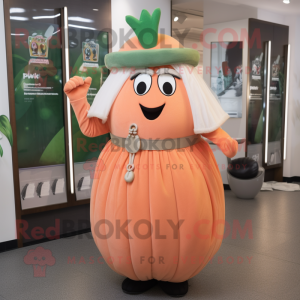 Peach Squash mascot costume character dressed with a Maxi Dress and Belts