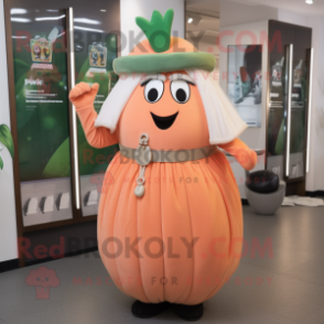 Peach Squash mascot costume character dressed with a Maxi Dress and Belts