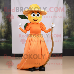 Peach Squash mascot costume character dressed with a Maxi Dress and Belts