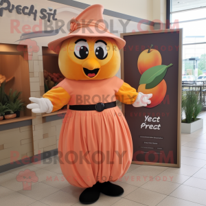 Peach Squash mascot costume character dressed with a Maxi Dress and Belts