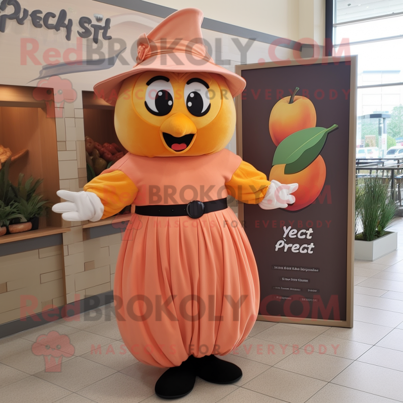 Peach Squash mascot costume character dressed with a Maxi Dress and Belts Peach Squash mascot costume character dressed with a Maxi Dress and Belts