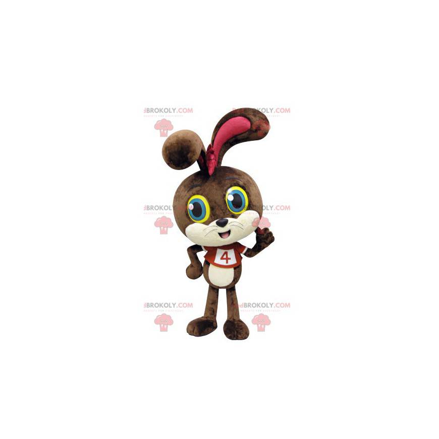 Mascotte de lapin marron et blanc avec les yeux colorés -