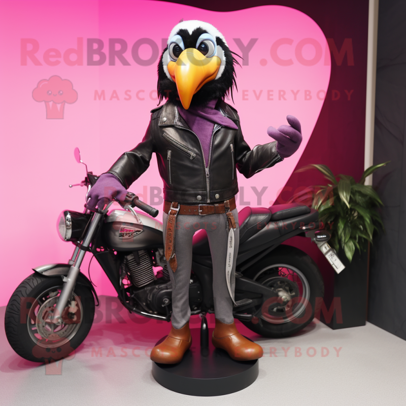 Magenta Toucan mascot costume character dressed with a Biker Jacket and Bracelets Magenta Toucan mascot costume character dressed with a Biker Jacket and Bracelets