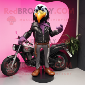 Magenta Toucan mascot costume character dressed with a Biker Jacket and Bracelets