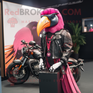 Magenta Toucan mascot costume character dressed with a Biker Jacket and Bracelets