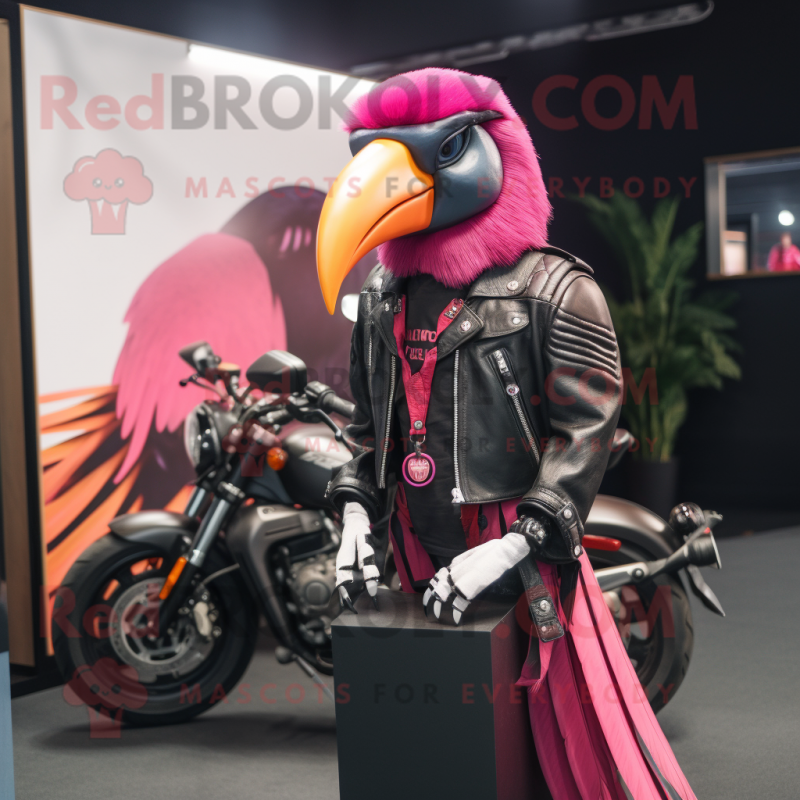 Magenta Toucan mascot costume character dressed with a Biker Jacket and Bracelets Magenta Toucan mascot costume character dressed with a Biker Jacket and Bracelets