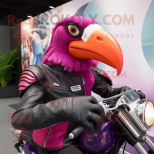 Magenta Toucan mascot costume character dressed with a Biker Jacket and Bracelets