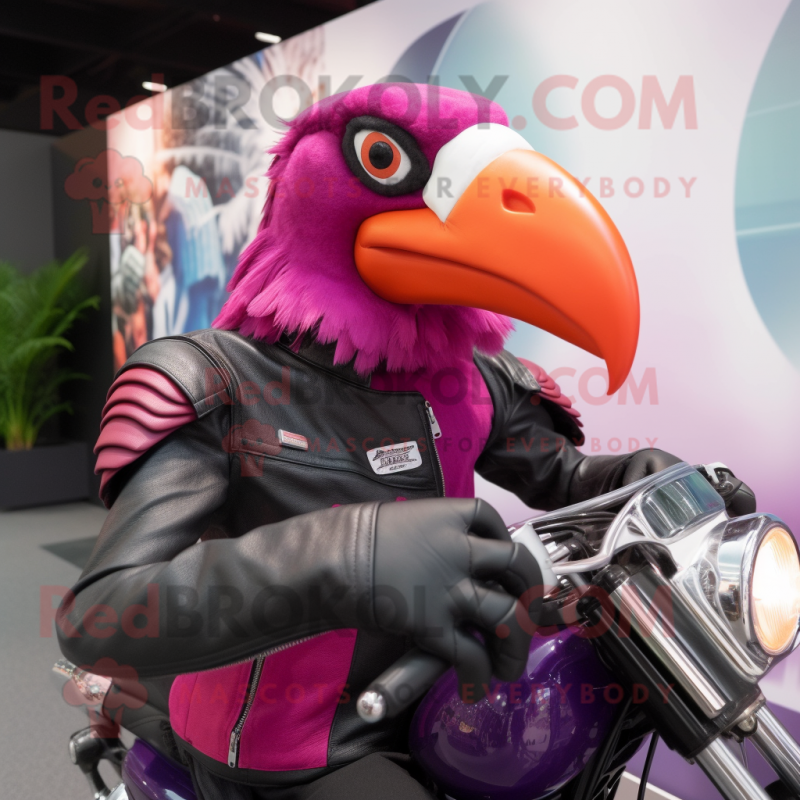 Magenta Toucan mascot costume character dressed with a Biker Jacket and Bracelets Magenta Toucan mascot costume character dressed with a Biker Jacket and Bracelets