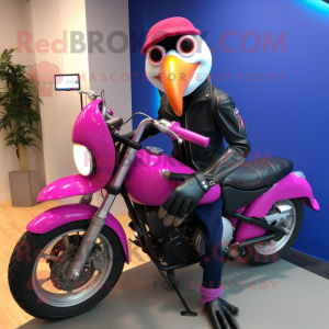 Magenta Toucan mascot costume character dressed with a Biker Jacket and Bracelets
