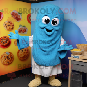 Sky Blue Paella mascot costume character dressed with a Sweater and Wraps