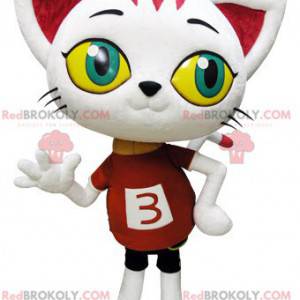 Mascote gigante de gato branco com olhos grandes -