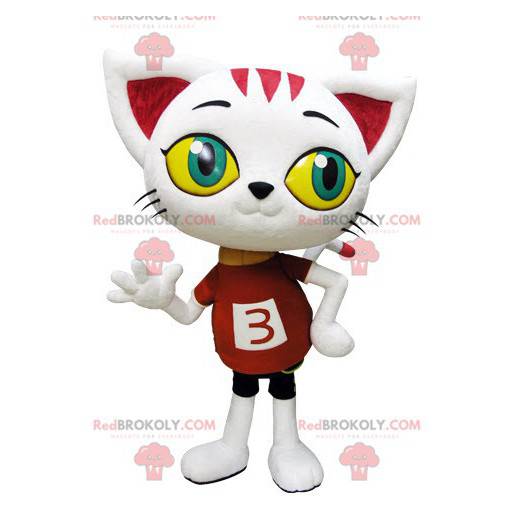 Mascote gigante de gato branco com olhos grandes -