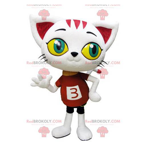 Reusachtige witte kat mascotte met grote ogen - Redbrokoly.com