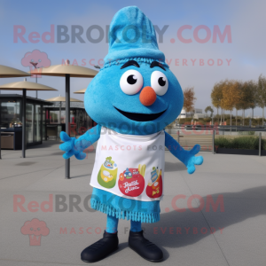 Sky Blue Paella mascot costume character dressed with a Sweater and Wraps