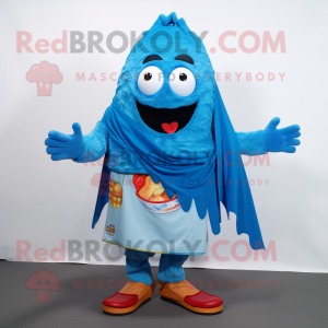 Sky Blue Paella mascot costume character dressed with a Sweater and Wraps