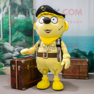 Lemon Yellow Pirate mascot costume character dressed with a Cargo Shorts and Briefcases