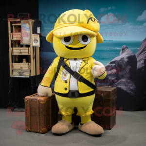 Lemon Yellow Pirate mascot costume character dressed with a Cargo Shorts and Briefcases