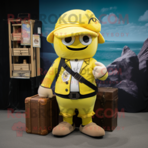 Lemon Yellow Pirate mascot costume character dressed with a Cargo Shorts and Briefcases