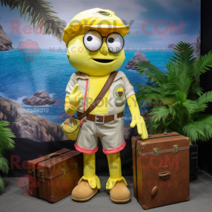 Lemon Yellow Pirate mascot costume character dressed with a Cargo Shorts and Briefcases