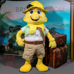 Lemon Yellow Pirate mascot costume character dressed with a Cargo Shorts and Briefcases