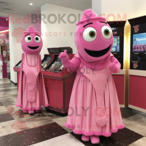 Pink Falafel mascot costume character dressed with a Dress and Coin purses
