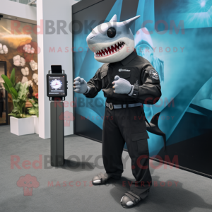 Black Megalodon mascot costume character dressed with a Poplin Shirt and Smartwatches