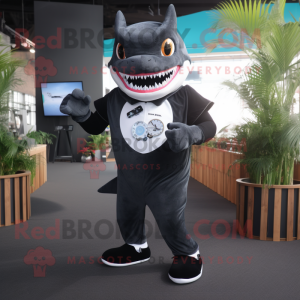 Black Megalodon mascot costume character dressed with a Poplin Shirt and Smartwatches