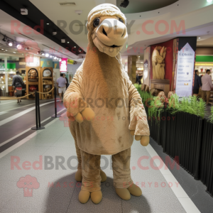 Beige Camel mascot costume character dressed with a Corduroy Pants and Clutch bags