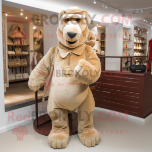 Beige Camel mascot costume character dressed with a Corduroy Pants and Clutch bags
