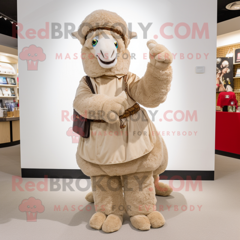 Beige Camel mascot costume character dressed with a Corduroy Pants and Clutch bags