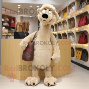 Beige Camel mascot costume character dressed with a Corduroy Pants and Clutch bags