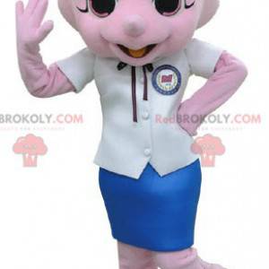 Mascote do rinoceronte rosa vestido com uma saia -