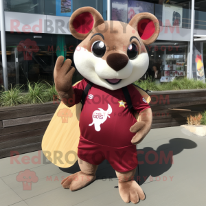 Maroon Dormouse mascot costume character dressed with a Rash Guard and Shoe clips